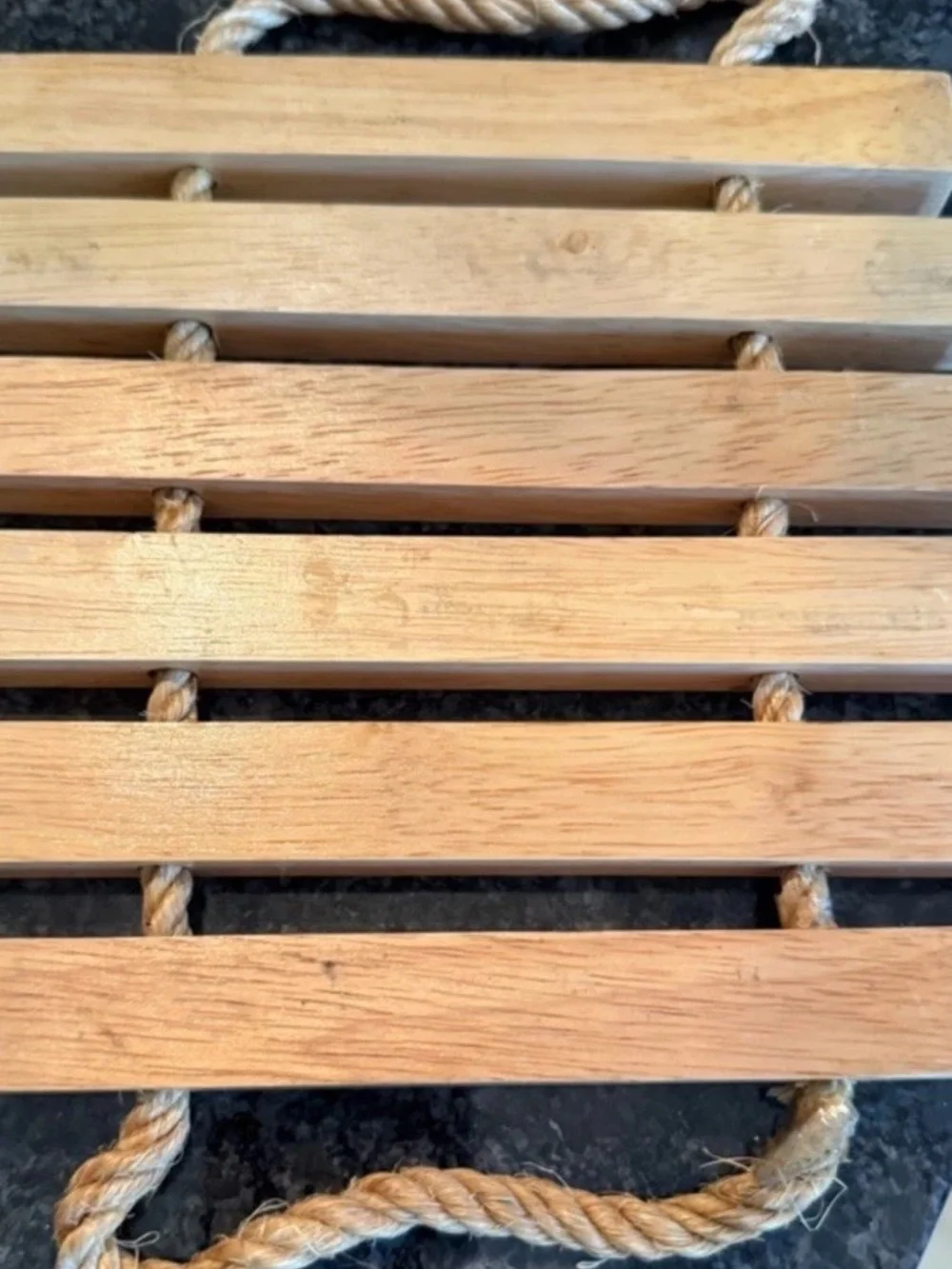 Vintage Dansk Solid Teak Wood Slat Trivets w/ Rope Handles Set of 2